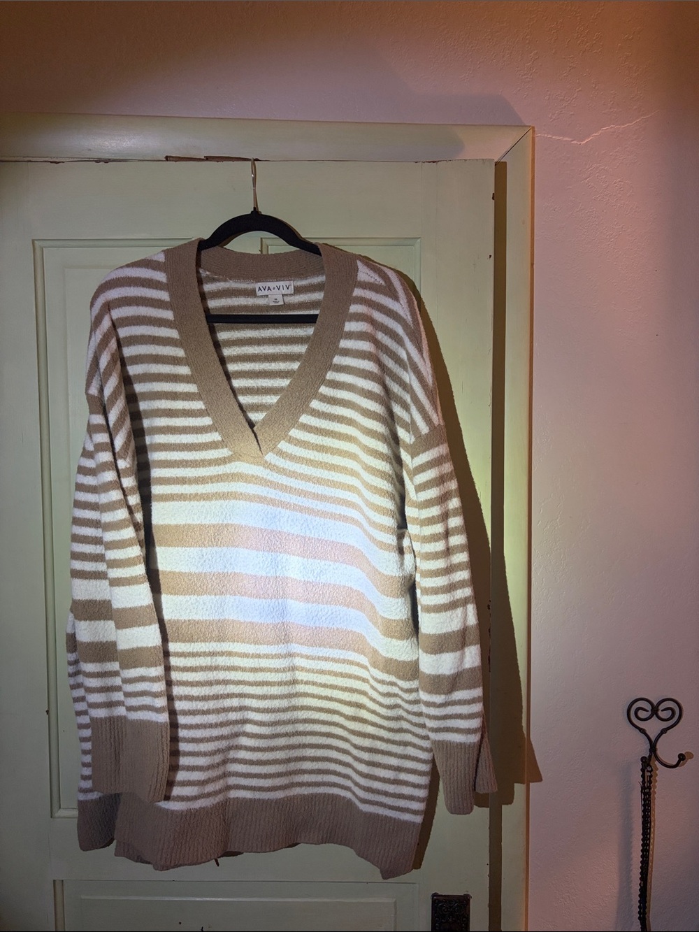 Ava & Viv Taupe and White Striped V-Neck Knit Sweater